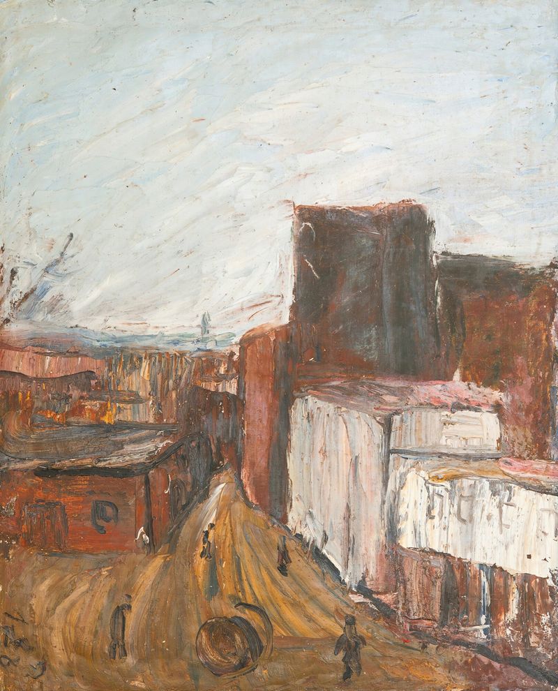 Street Scene by Aleksandrs Drēviņš, realism, depicting pedestrians in an urban setting.