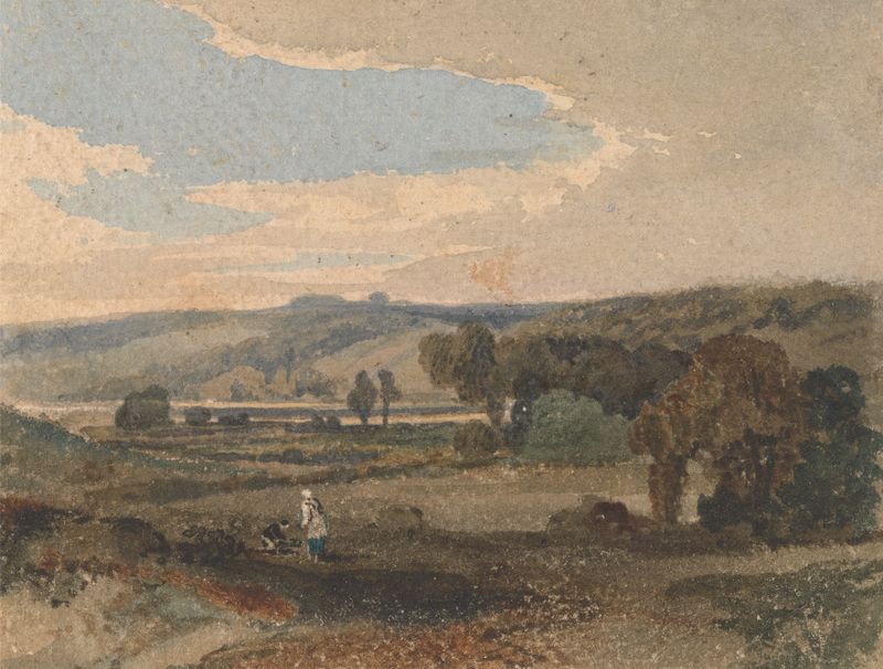 Welsh Landscape by William Havell, oil painting depicting rolling hills and lush greenery.