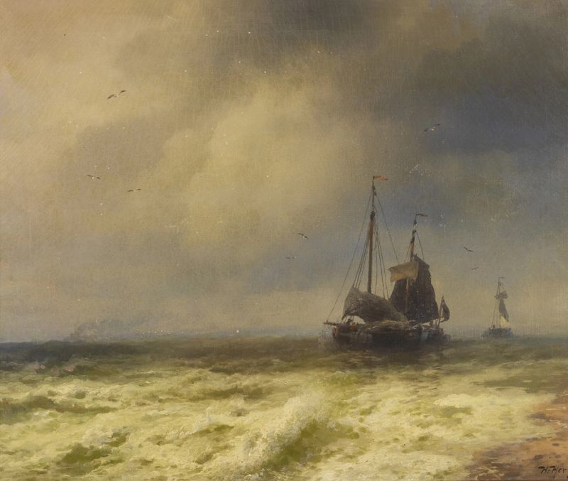 Dos Barcos en la Costa, óleo sobre lienzo de Hermann Ottomar Herzog, representando barcos cerca de la costa al atardecer.