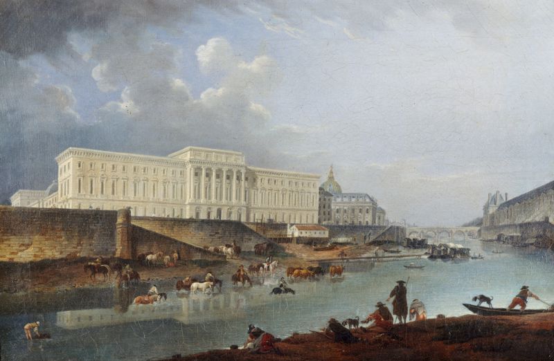 L’Hôtel de la Monnaie oil painting by Pierre-Antoine Demachy depicting the Seine at dawn.