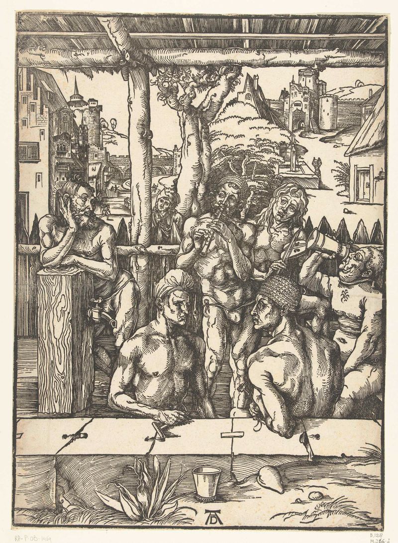 Figuras desnudas bañándose en agua, grabado de Albrecht Dürer