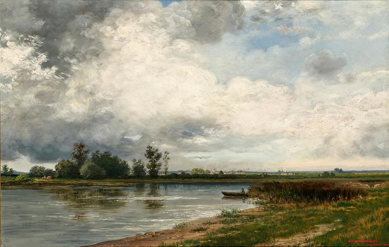 Paisagem no Isar, óleo sobre tela de Josef Mukarovsky, retratando um rio e natureza tranquila.