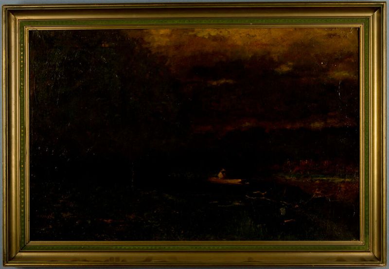 Óleo sobre lienzo de George Inness que muestra una balsa en un paisaje de río tranquilo.