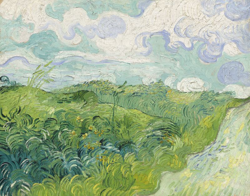 Green Wheat Fields, Auvers de Vincent van Gogh, óleo sobre lienzo que muestra campos de trigo bajo un cielo azul.