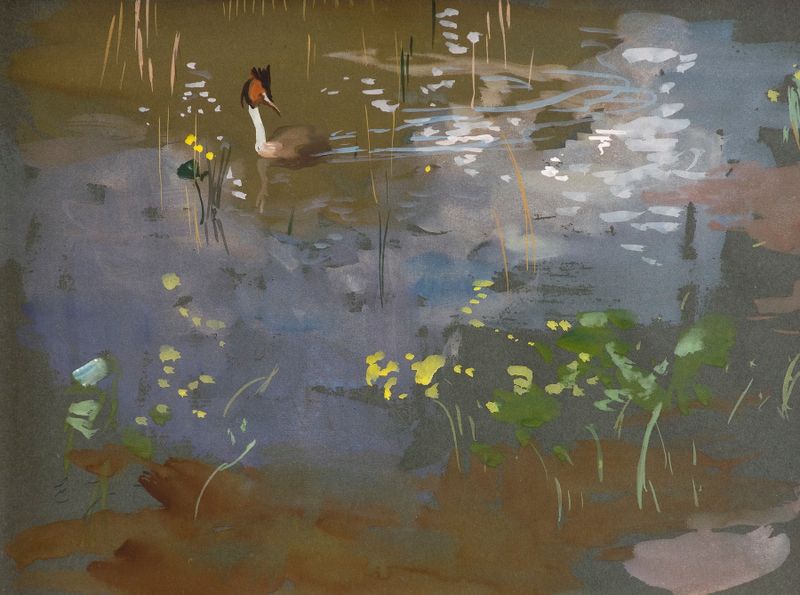 Great Crested Grebe oil painting by Eero Järnefelt, showcasing the bird gliding on water.