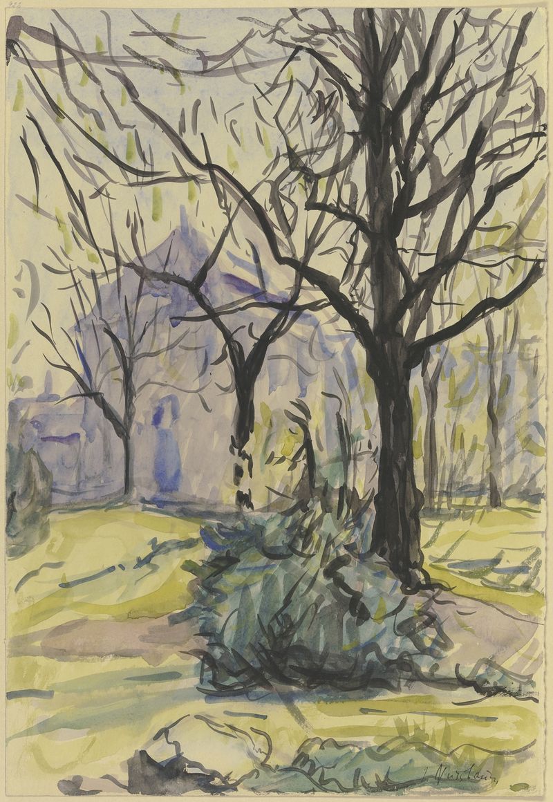 Garden at the Liebighaus by Jakob Nussbaum, oil on canvas depicting a figure in a vibrant garden.
