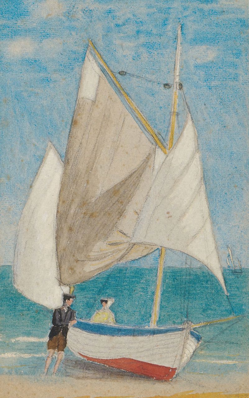 Fishing boat on waves, oil on canvas by Joseph Edward Southall