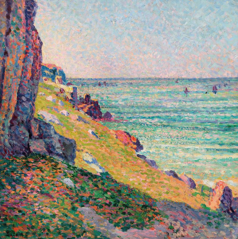 Les rochers à Agay de Maximilien Luce, óleo de un paisaje vibrante con rocas y vegetación.