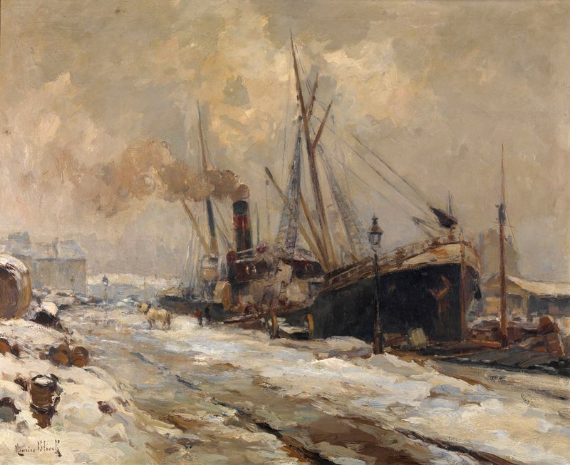 Antwerp Harbour in Winter de Maurits Blieck, pintura a óleo que retrata barcos em água congelada.
