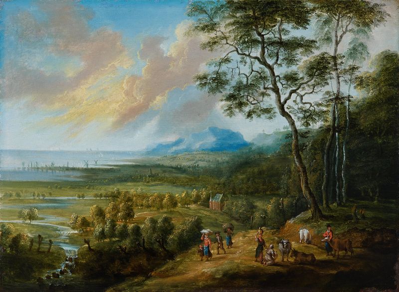 Paisaje óleo de Lucas van Uden que representa agricultores en un campo iluminado por el sol.