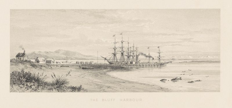 Engraving by Charles Decimus Barraud depicting a tranquil harbour at dusk with cliffs