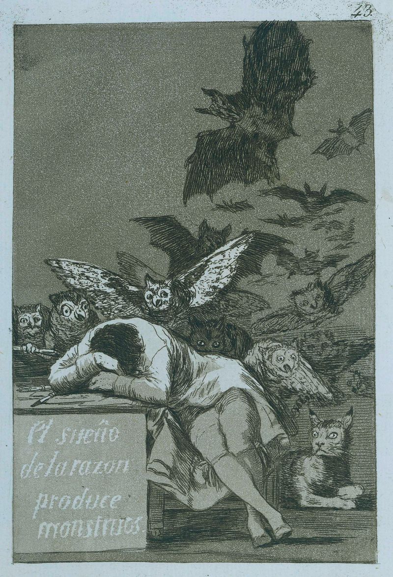 Etching by Francisco de Goya depicting a slumbering figure surrounded by shadows.