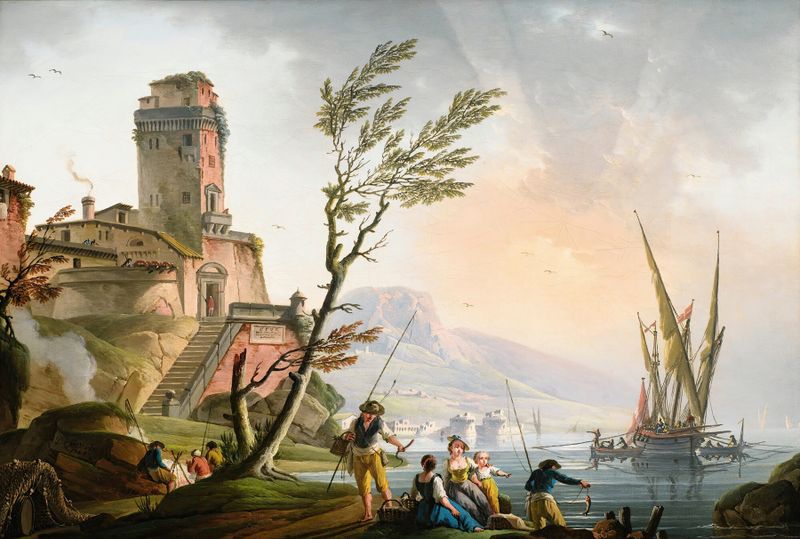 Mediterráneo paisaje de Charles-François Grenier De Lacroix, pintura al óleo que representa un terreno exuberante y luz.