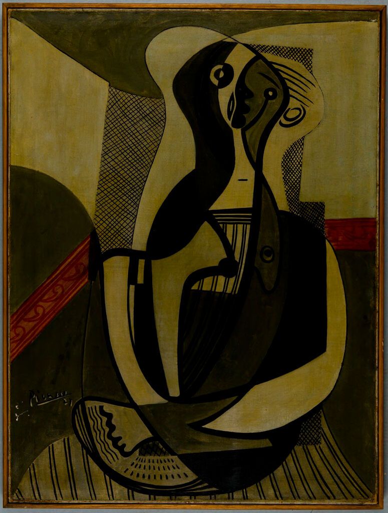 Seated Woman de Domingues, óleo sobre lienzo, retrato de una mujer con tela drapeada y expresión tranquila.