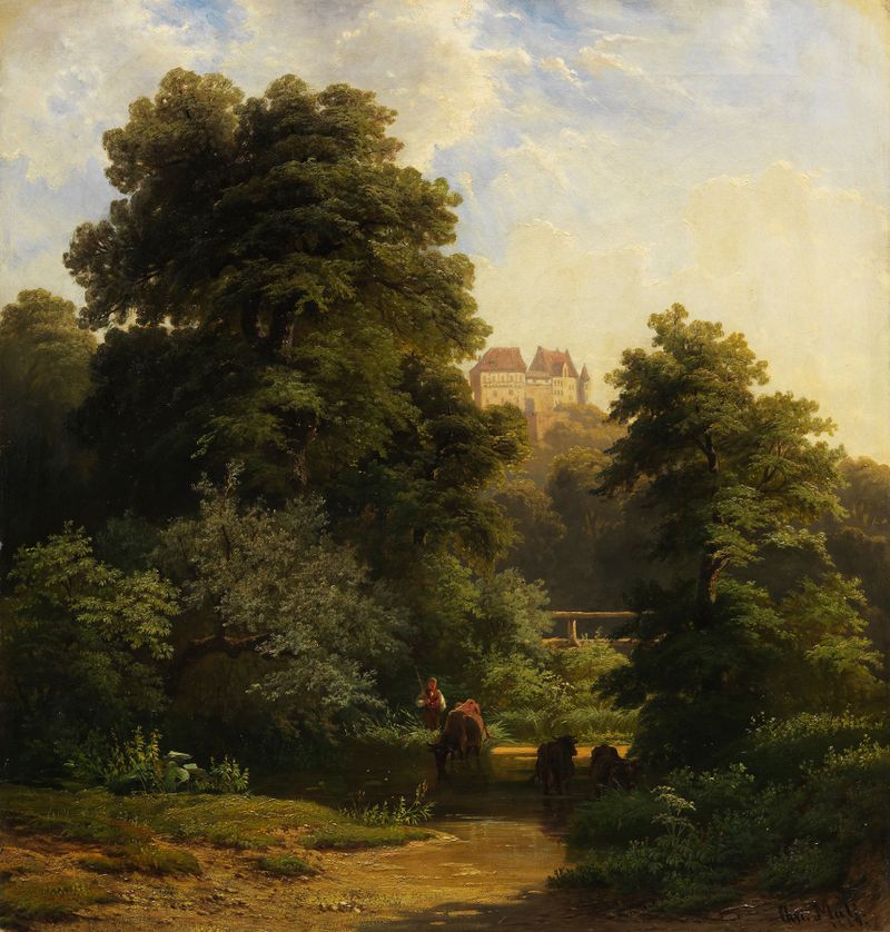 Blick auf die Schülzburg by Christian Friedrich Mali, oil painting depicting a serene landscape with a castle and river.