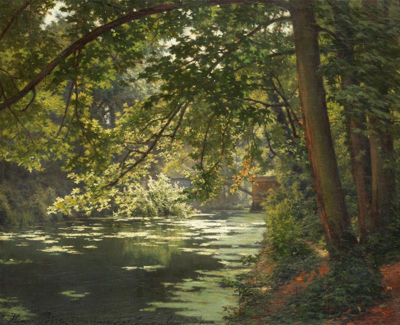 A sunlit woodland river by Henri Biva, Impressionism