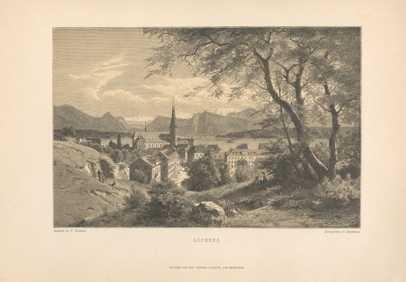 Lucerna de Theodor Gsell Fels, pintura a óleo que mostra montanhas e um lago tranquilo