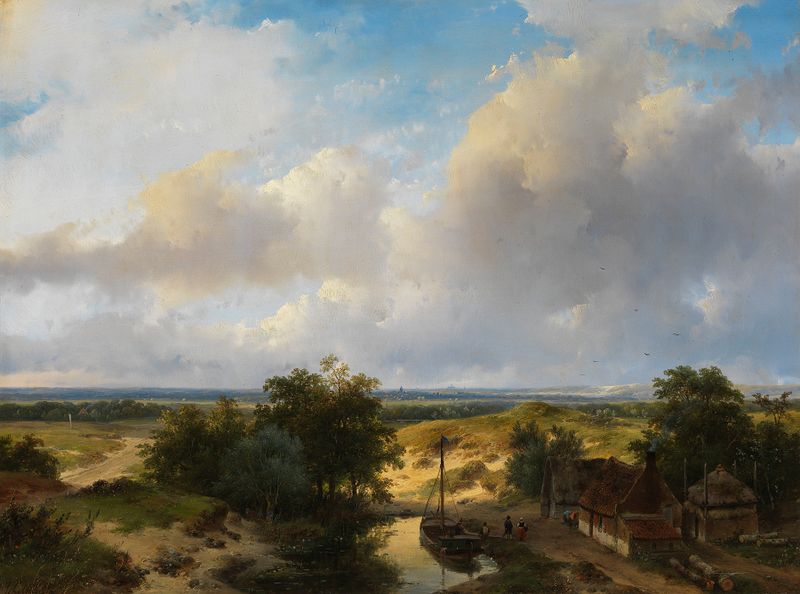 Paisagem holandesa com um rio e campos, pintura a óleo de Andreas Schelfhout