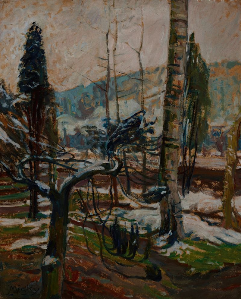Landscape from the Tatra Mountains by Ludwik Misky, oil on canvas featuring snow-capped mountains and green valleys.