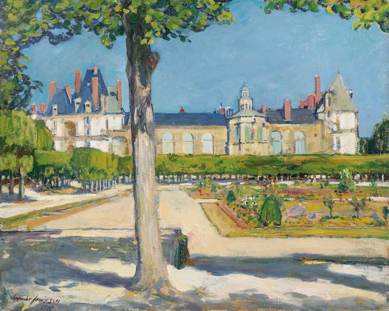 The Palace of Fontainebleau by Alexander Jamieson, oil painting depicting ornate architecture and light.