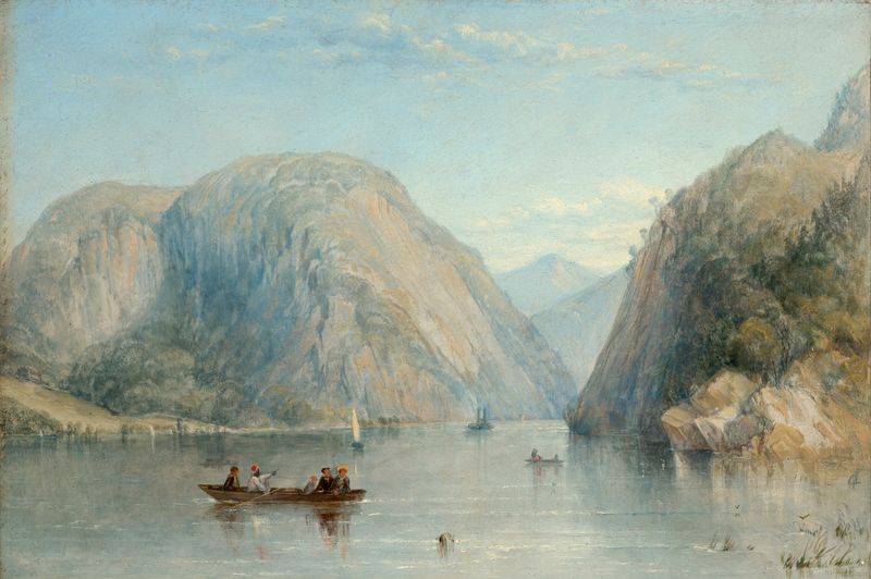 Roger’s Slide, óleo sobre lienzo de Thomas Creswick, que representa un lago tranquilo al anochecer.