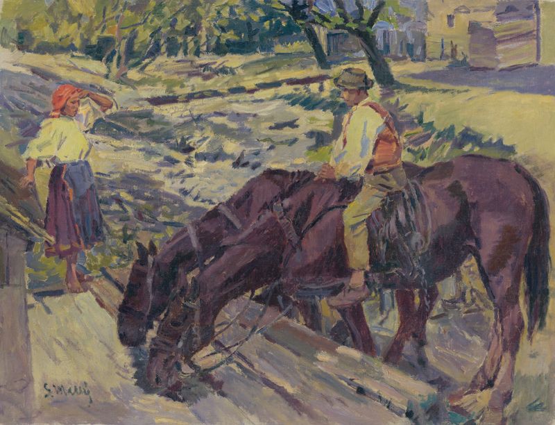 Watering Horses de Gustáv Mallý, óleo sobre tela, representando cavalos perto da água em uma paisagem