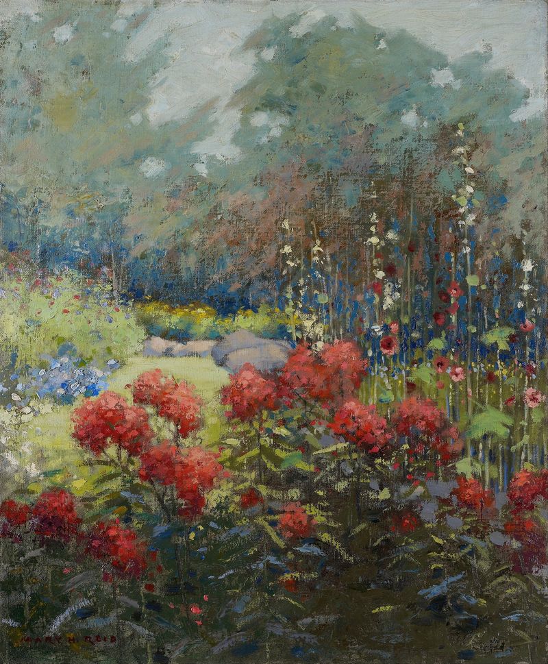 Botanical scene with flowers in a garden, oil painting by Mary Hiester Reid