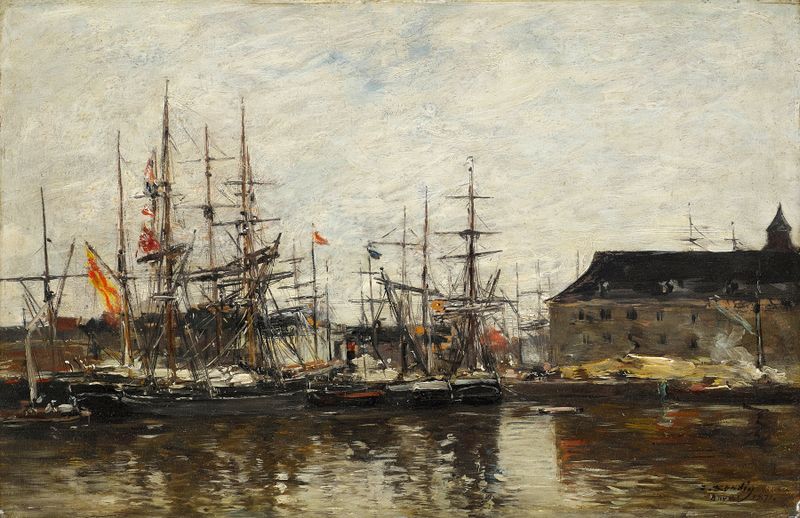 Anvers. Trois-mats à quai de Eugène Boudin, pintura al óleo que muestra veleros en un muelle.