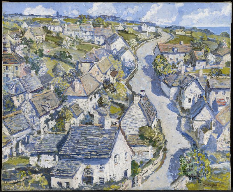 Mining Village in Cornwall, óleo sobre lienzo de Walter Elmer Schofield, representando un pueblo bajo nubes.