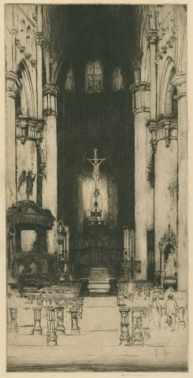 Gravura Notre Dame, Dinant de David Young Cameron representando uma catedral gótica contra um céu tempestuoso.