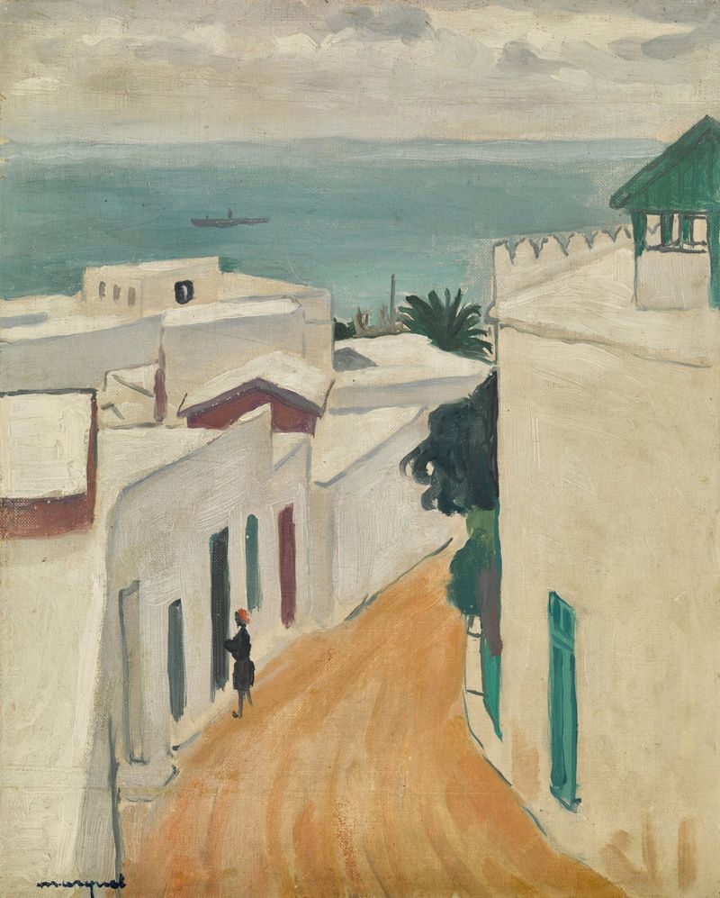 Paisaje urbano de Albert Marquet, óleo sobre lienzo, con una calle iluminada por el sol.