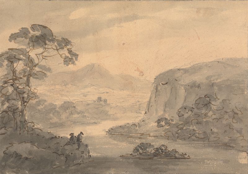Paisagem montanhosa com duas figuras sobre um lago, pintura a óleo de William Gilpin