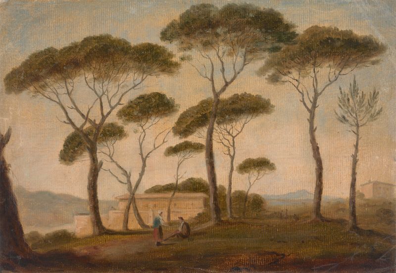 O Jardim da Villa Borghese de Thomas Jones, óleo sobre tela que retrata um jardim com figuras.