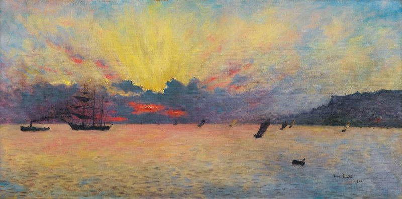 Oil painting of twilight over the sea by Siebe Johannes Ten Cate