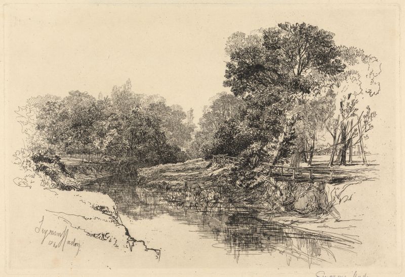 A River in Ireland de Francis Seymour Haden, pintura al óleo de un paisaje de río tranquilo.