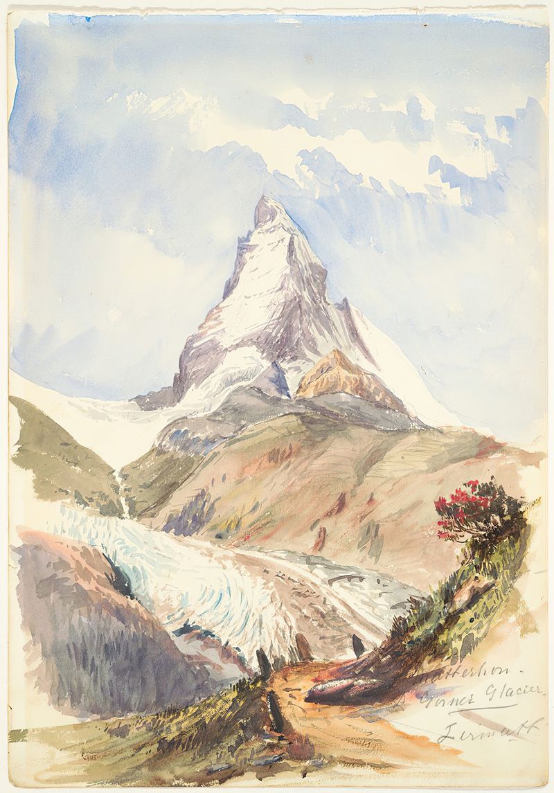 The Matterhorn de John Singer Sargent, óleo sobre tela retratando uma paisagem montanhosa com vegetação e neve.
