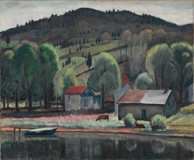 Landscape by Samuel Halpert, 1917, featuring vibrant fields and a textured sky.