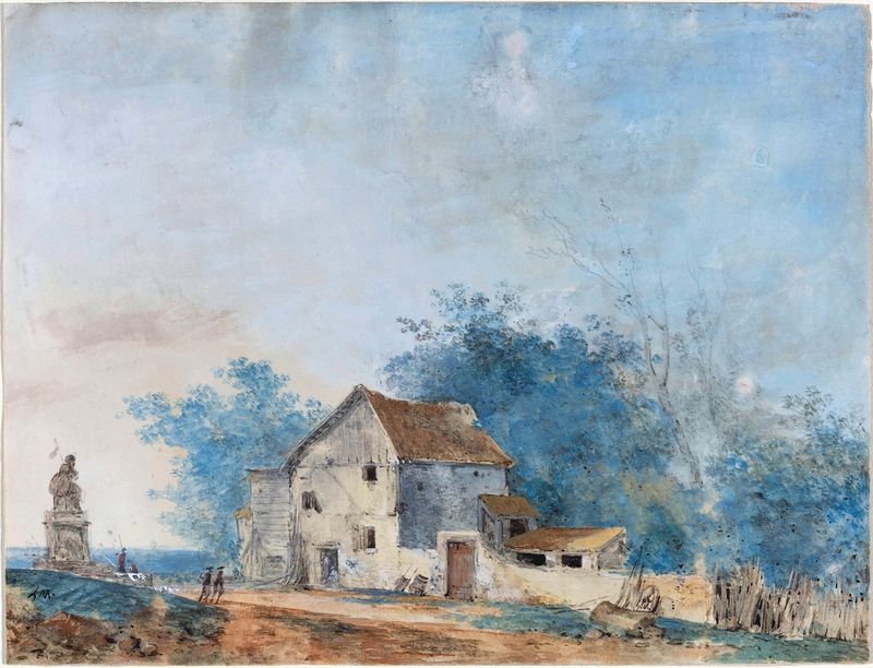 Landscape by Louis Gabriel Moreau, oil on canvas depicting tranquil hills and greenery.
