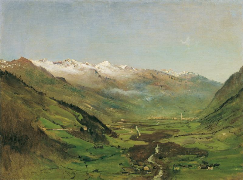 Oil painting by Anton Romako depicting a serene valley landscape