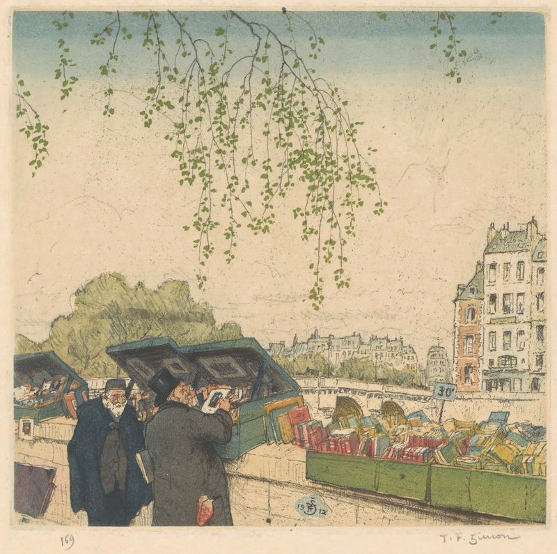 Cena de gênero de um livreiro à beira do rio em Paris, óleo sobre tela de Tavík František Šimon