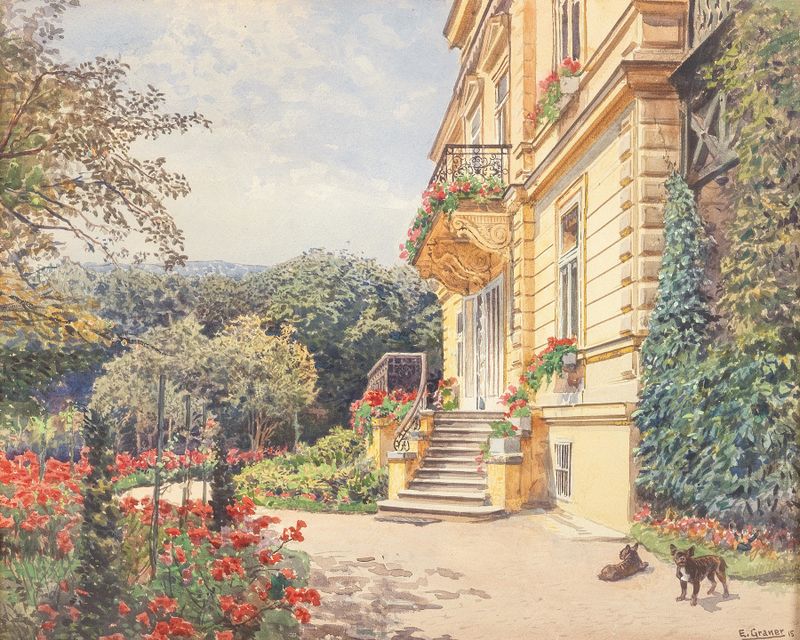 Landscape of a garden path with dappled sunlight, oil painting by Ernst Graner