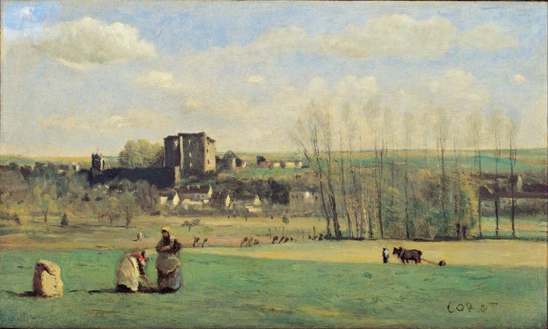 La Ferté-Milon de Jean-Baptiste-Camille Corot, óleo que muestra campos y árboles exuberantes.
