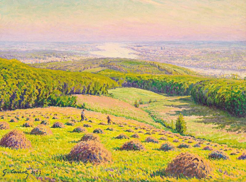 Landscape by Gustave Cariot, Post-Impressionism, depicting a vibrant valley with lush colors.
