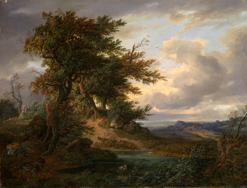 Landschaft mit Eichen am Meer, oil on canvas by Friedrich Preller the Elder, featuring oaks by the sea.