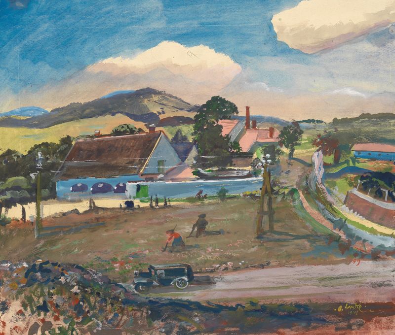 Paisagem com uma casa de campo em um prado, pintura a óleo de Oskar Laske