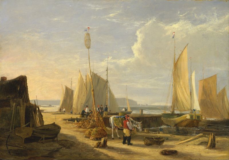 A harbor scene with gentle waves at dawn, oil on canvas by George Vincent