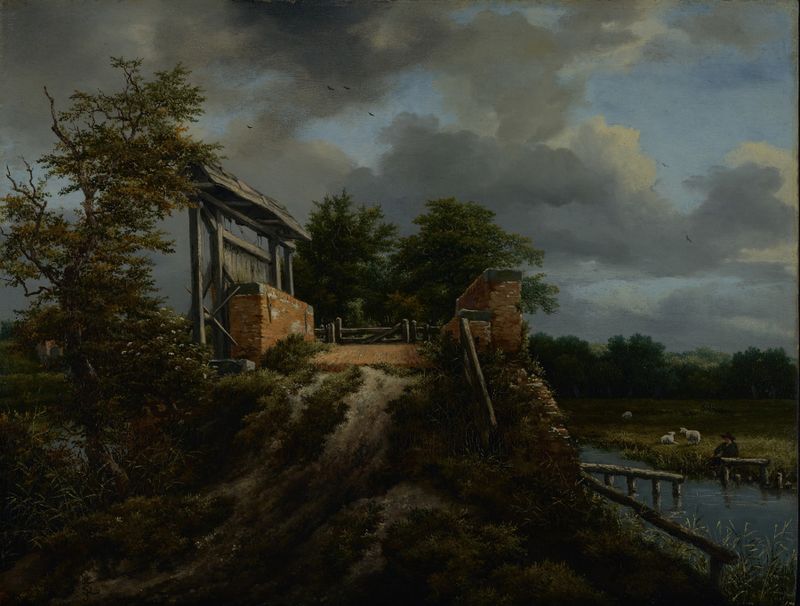 Bridge with a Sluice, pintura a óleo de Jacob van Ruisdael mostrando uma ponte de madeira sobre água.