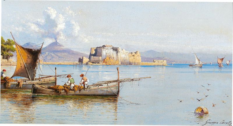 Oil painting by Giuseppe Carelli depicting fishermen in the Gulf of Naples with Vesuvius in the background.