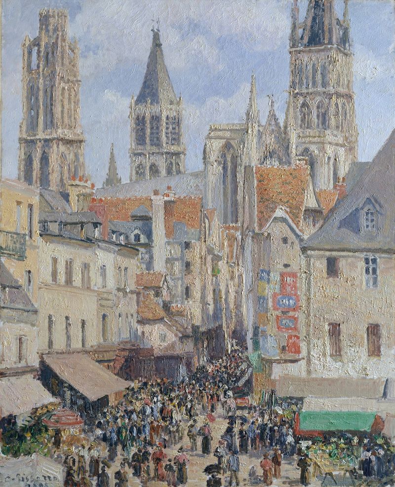 Rue de l’Épicerie, Rouen, óleo sobre lienzo de Camille Pissarro mostrando luz del sol en edificios