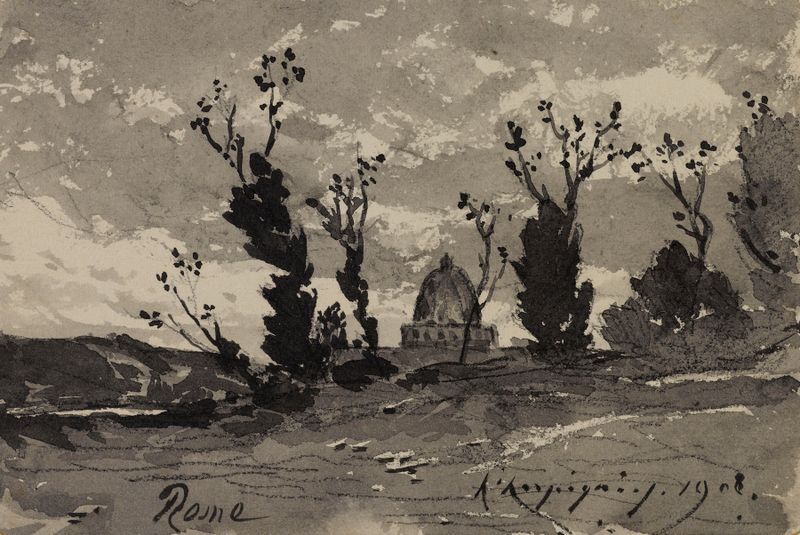 Óleo sobre lienzo de Henri-Joseph Harpignies que muestra colinas y un cielo tranquilo.